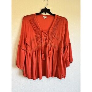 Crown & Ivy Women's Coral Embroidered Peasant Top Tasseled Flowy Sleeve XL